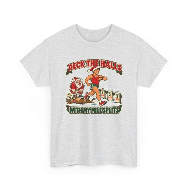 Funny running Christmas T-shirt in Ash, front print: Deck the Halls With My Mile Splits, a Santa-hat runner passing an exhausted Santa