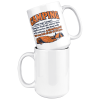 15 oz white ceramic camping mug printed with an orange and navy CAMPING dictionary entry ending "a sleeping pad that was full of air at 10 p.m.", stacked