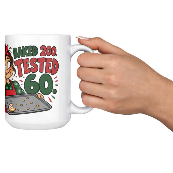 15oz white ceramic holiday baker Christmas mug printed with "Christmas Cookie Count: Baked 200. Tested 60.", cheers