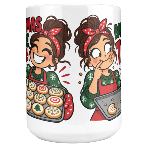 15oz white ceramic holiday baker Christmas mug printed with "Christmas Cookie Count: Baked 200. Tested 60.", center view