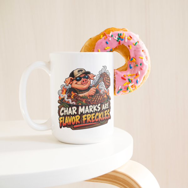 Char Marks Are Flavor Freckles funny 15oz white mug, with a donut on the rim, left handle