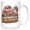15oz white ceramic BBQ mug printed with CHAR MARKS ARE FLAVOR FRECKLES and a grinning pig in sunglasses and a trucker cap flipping a steak