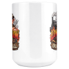 15oz white BBQ mug with a cool pig in sunglasses at a smoking offset smoker, with flame lettering, centre design view