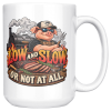 15oz white ceramic BBQ mug printed with a cool pig in a cap and sunglasses at a smoking offset smoker, with flame lettering