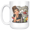 The same “Surprise me” is not a flavor. design on the other side of the white 15oz mug, handle on the left