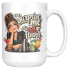 White 15oz ceramic mug with the handle on the right, showing an eye-rolling bartender in a black apron leaning on the bar behind a row of cocktails and a steel shaker and the words “Surprise me” is not a flavor.