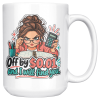Off by 0.01 and I Will Find You. 15oz mug - right handle 15oz white ceramic bookkeeper mug printed with Off by $0.01 and I will find you and a determined bookkeeper with a curly bun peering over her glasses