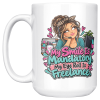 My Smile Is Mandatory. My Eye Roll Is Freelance. funny 15oz white coffee mug, front view, left handle