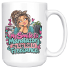 15oz white ceramic call center mug printed with My Smile Is Mandatory. My Eye Roll Is Freelance and a call center agent with a curly bun