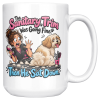The Sanitary Trim Was Going Fine. Then He Sat Down. 15oz mug - right handle 15oz white ceramic dog groomer mug printed with The Sanitary Trim Was Going Fine. Then He Sat Down and a wide-eyed groomer with a messy bun