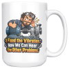 I Fixed the Vibration. Now We Can Hear the Other Problems. 15oz mug - right handle White coffee mug printed on both sides with a winking bearded mechanic with goggles on his head giving a thumbs-up and cupping his ear while leaning over a blue electric motor and a silver pump and the words "I Fixed the Vibration. Now We Can Hear the Other Problems."