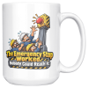 The Emergency Stop Worked. Nobody Could Reach It. 15oz mug - right handle 15oz white ceramic engineer mug printed with The Emergency Stop Worked. Nobody Could Reach It and a big red emergency stop button
