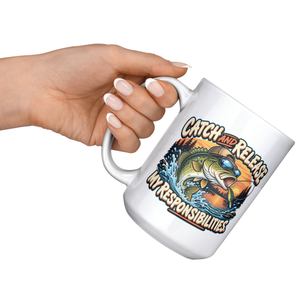 Catch and Release My Responsibilities 15oz mug - raised angle Catch and Release My Responsibilities funny 15oz white mug, raised at an angle