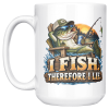 I Fish. Therefore I Lie. funny 15oz white mug, front view, left handle