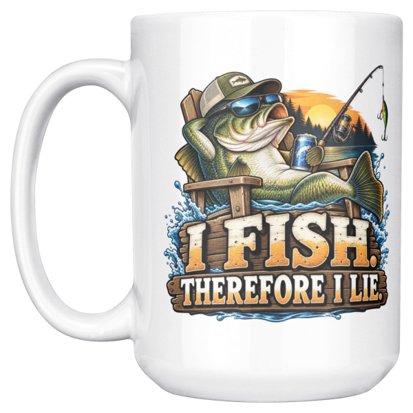 I Fish. Therefore I Lie. funny 15oz white mug, front view, left handle