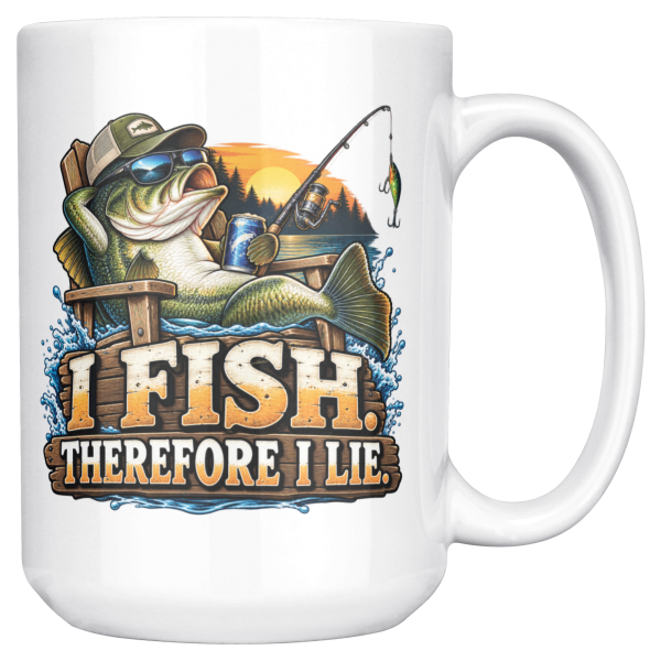 15oz white ceramic fishing mug printed with I FISH. THEREFORE I LIE and a laid-back bass in a cap and sunglasses lounging in a wooden chair on a dock