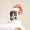The Homeowner Changed One Thing. Six Trades Got Involved. 15oz mug - with a donut The Homeowner Changed One Thing. Six Trades Got Involved. funny 15oz white coffee mug, on a table with a donut