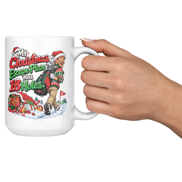 15oz white ceramic golf Christmas mug with a golfer in a Santa hat tiptoeing away from presents with his golf bag and the words My Christmas Escape Plan Has 18 Holes.