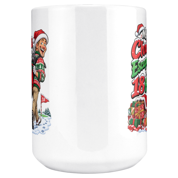 15oz white ceramic golf Christmas mug with a golfer in a Santa hat tiptoeing away from presents with his golf bag and the words My Christmas Escape Plan Has 18 Holes.
