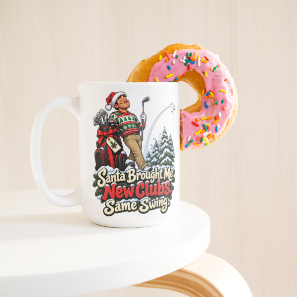 Santa Brought Me New Clubs. Same Swing. funny 15oz white mug, with a donut on the rim, left handle