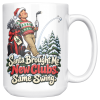 15oz white ceramic golf Christmas mug printed with SANTA BROUGHT ME NEW CLUBS. SAME SWING and a golfer in a Santa hat admiring a wild slice
