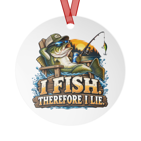 Front of a round white aluminum Christmas ornament on a red ribbon, printed with a laid-back bass in a cap and sunglasses lounging in a wooden chair on a dock with a fishing rod and the words 