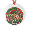 Front of a round white aluminum Christmas ornament on a red ribbon, printed with a cheerful cartoon elf in a football helmet and jersey sprinting with a football among holly and candy canes under the words "TOUCHDOWN TINSEL"