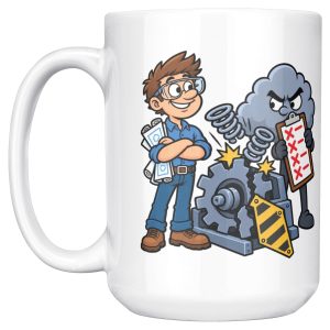 15 oz white ceramic engineer mug printed with "Tested It Twice. Reality Had Notes.", left side