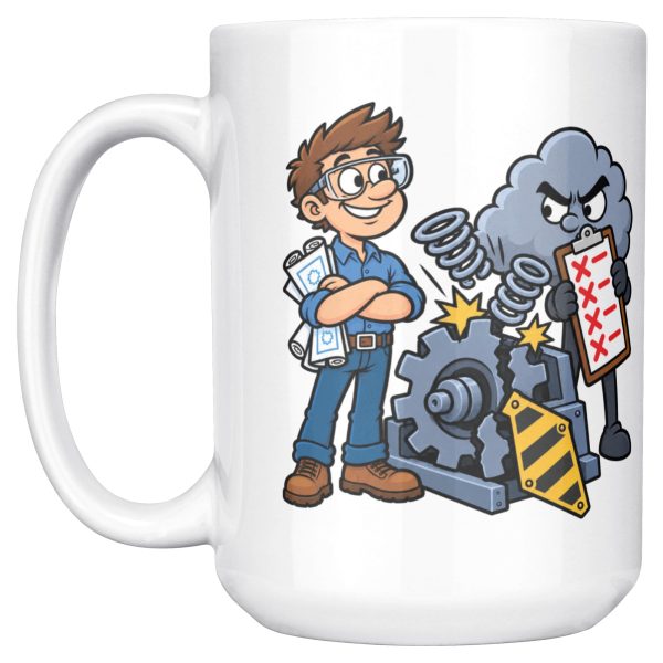15 oz white ceramic engineer mug printed with "Tested It Twice. Reality Had Notes.", left side