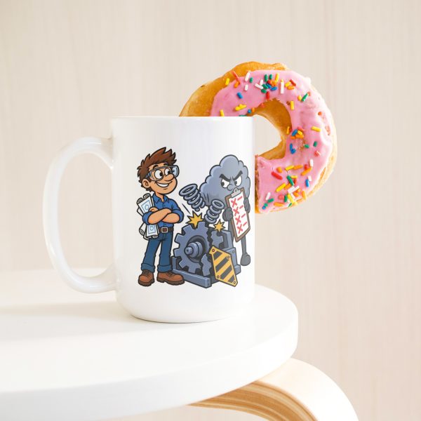 15 oz white ceramic engineer mug printed with "Tested It Twice. Reality Had Notes.", with a donut