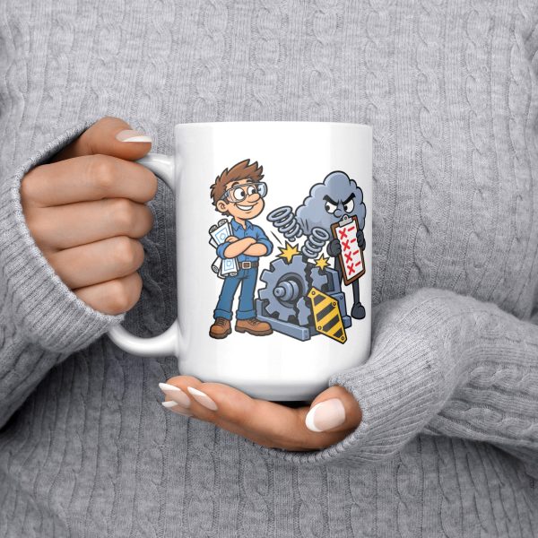 15 oz white ceramic engineer mug printed with "Tested It Twice. Reality Had Notes.", held at chest