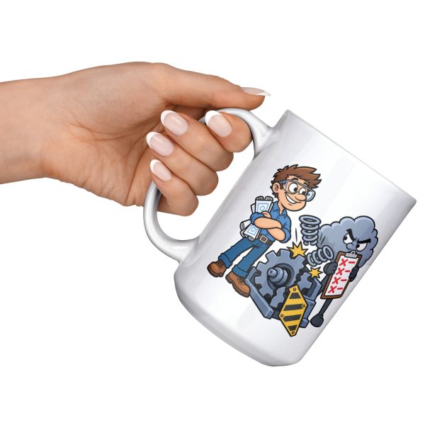 15 oz white ceramic engineer mug printed with "Tested It Twice. Reality Had Notes.", raised in hand