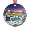 MY BEST SHOT IS AN EXCUSE. round metal Christmas ornament, back view