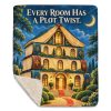 Book Stack Manor sherpa blanket laid flat with one corner folded back to show the soft cream sherpa reverse