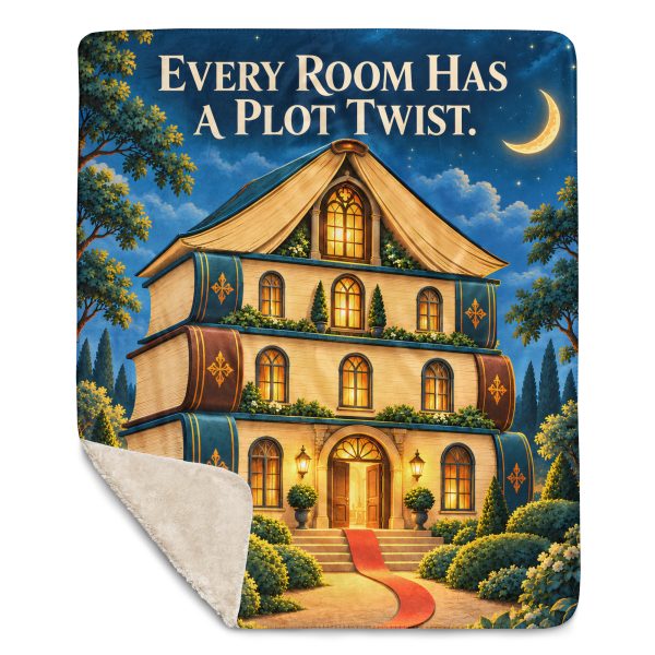 Book Stack Manor sherpa blanket laid flat with one corner folded back to show the soft cream sherpa reverse