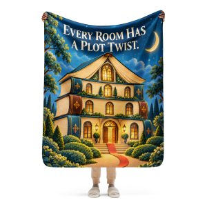 Book Stack Manor sherpa blanket held open by a woman, showing the full EVERY ROOM HAS A PLOT TWIST design and its true size