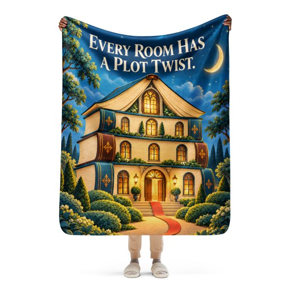 Book Stack Manor sherpa blanket held open by a woman, showing the full EVERY ROOM HAS A PLOT TWIST design and its true size