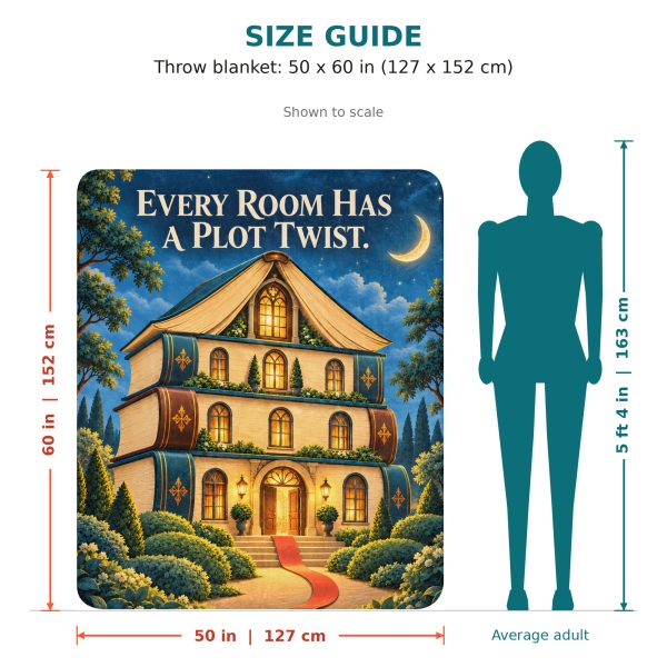 Book Stack Manor sherpa blanket size guide: 50 x 60 inches, shown to scale next to a 5 ft 4 in adult