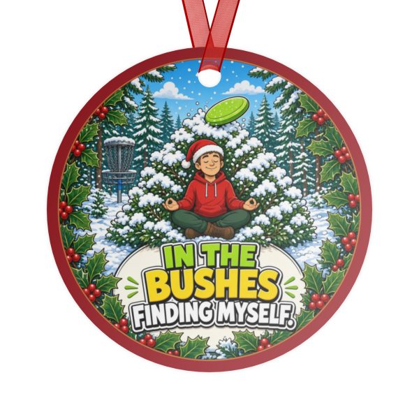 bushes-finding-myself-round-christmas-ornament-v2-back IN THE BUSHES FINDING MYSELF. round metal Christmas ornament, back view