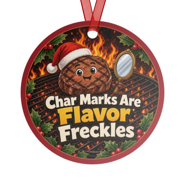 char-marks-round-christmas-ornament-v2-back Char Marks Are Flavor Freckles round metal Christmas ornament, back view