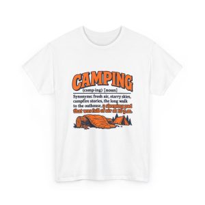 confession-the-sleeping-pad-was-full-of-air-at-10-p-m-ask-my-1 White T-shirt printed with an orange and navy CAMPING dictionary entry ending "a sleeping pad that was full of air at 10 p.m."