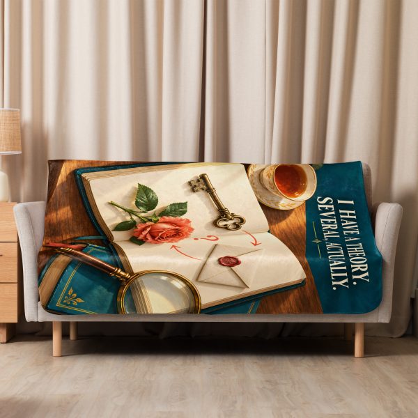 Detective Casebook sherpa blanket hung over a sofa in a bright living room Detective Casebook sherpa blanket hung over a sofa in a bright living room