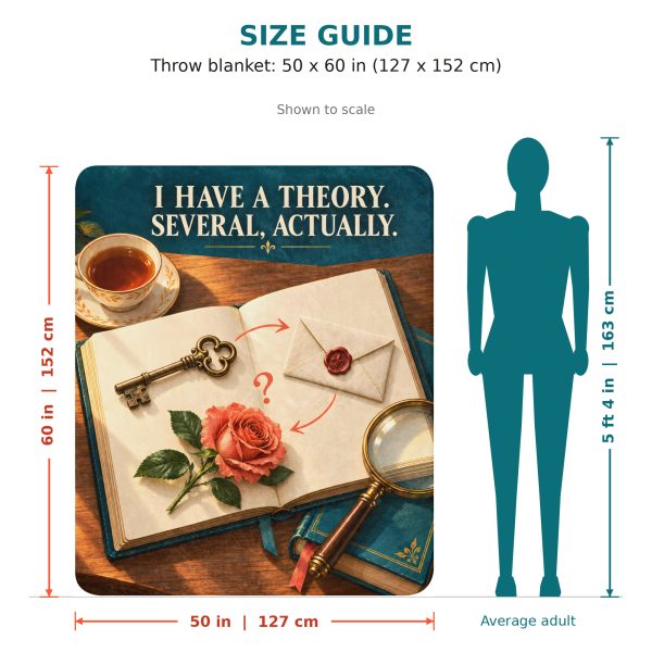 Detective Casebook sherpa blanket size guide: 50 x 60 inches, shown to scale next to a 5 ft 4 in adult Detective Casebook sherpa blanket size guide: 50 x 60 inches, shown to scale next to a 5 ft 4 in adult
