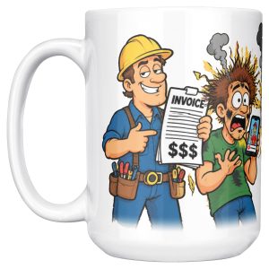 15 oz white ceramic electrician mug printed with "I Love DIY Wiring Videos. They Pay My Mortgage.", left side