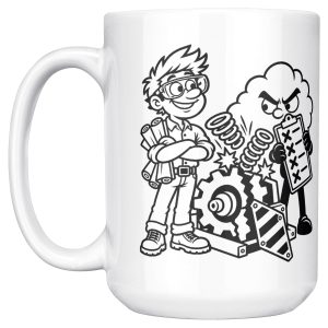15 oz white ceramic engineer mug printed with "TESTED IT TWICE. REALITY HAD NOTES.", left side