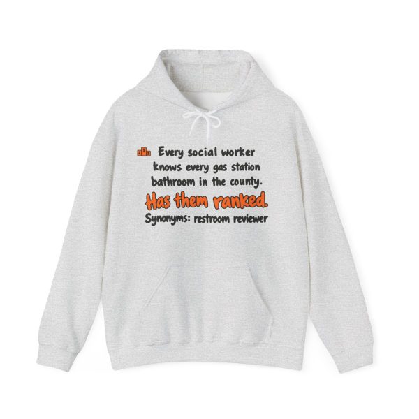 Ash hand-drawn hoodie with the social work gas station bathroom ranking joke