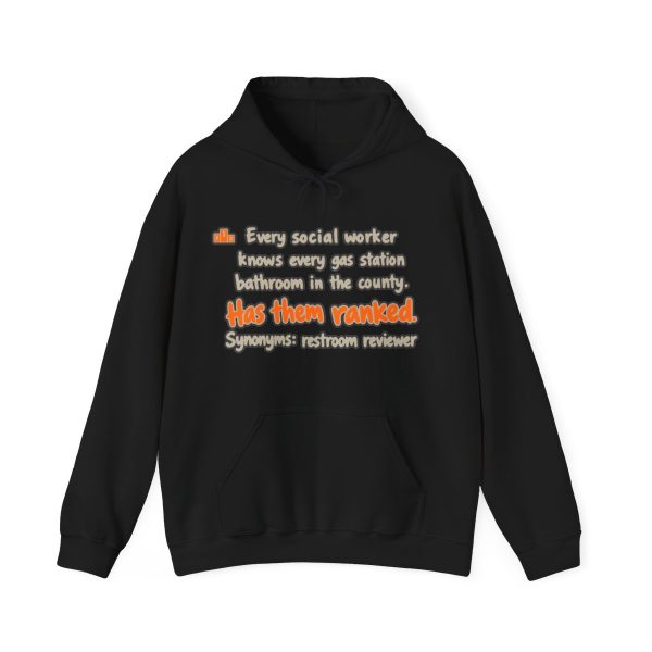 Black hand-drawn hoodie with the social work gas station bathroom ranking joke