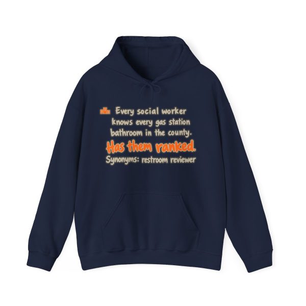 Navy hand-drawn hoodie with the social work gas station bathroom ranking joke
