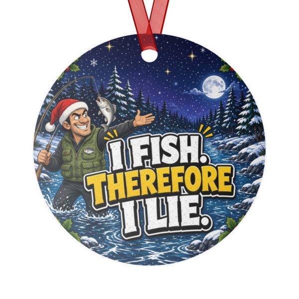 I FISH. THEREFORE I LIE. round metal Christmas ornament