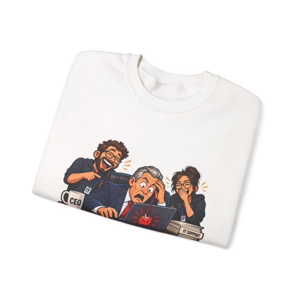 White crewneck sweatshirt printed with "The CEO Clicked the Phishing Link. We Called It Executive Training.", folded view